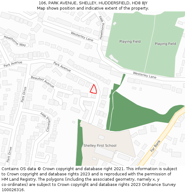 106, PARK AVENUE, SHELLEY, HUDDERSFIELD, HD8 8JY: Location map and indicative extent of plot