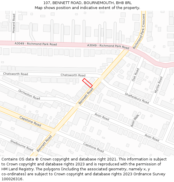 107, BENNETT ROAD, BOURNEMOUTH, BH8 8RL: Location map and indicative extent of plot