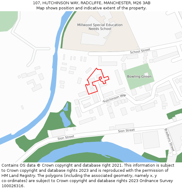 107, HUTCHINSON WAY, RADCLIFFE, MANCHESTER, M26 3AB: Location map and indicative extent of plot