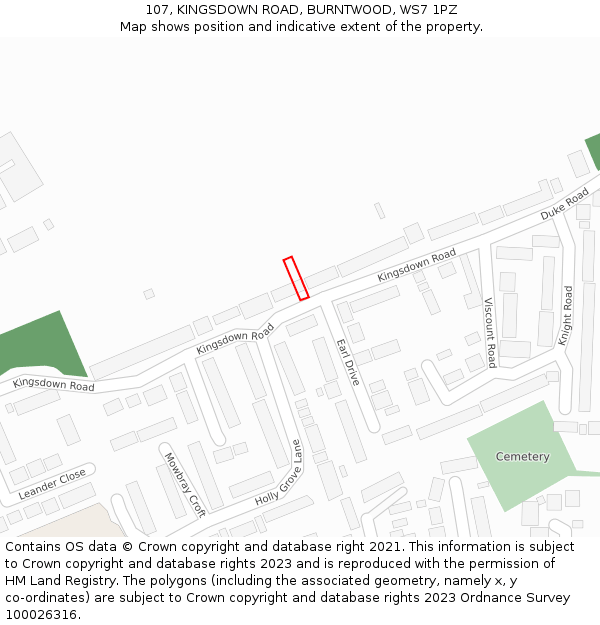 107, KINGSDOWN ROAD, BURNTWOOD, WS7 1PZ: Location map and indicative extent of plot