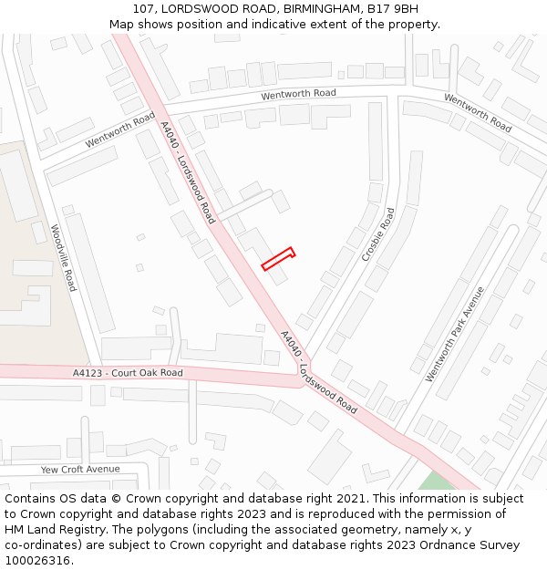 107, LORDSWOOD ROAD, BIRMINGHAM, B17 9BH: Location map and indicative extent of plot