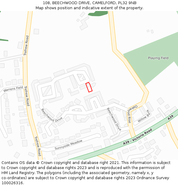108, BEECHWOOD DRIVE, CAMELFORD, PL32 9NB: Location map and indicative extent of plot