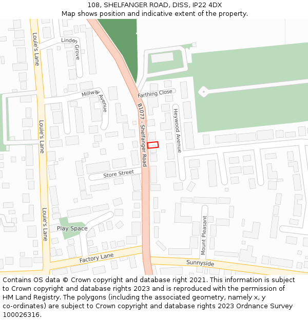 108, SHELFANGER ROAD, DISS, IP22 4DX: Location map and indicative extent of plot