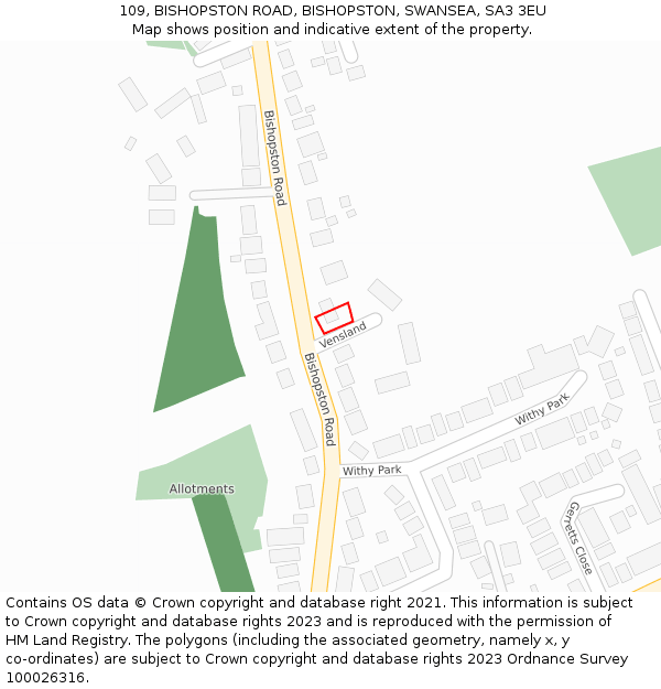 109, BISHOPSTON ROAD, BISHOPSTON, SWANSEA, SA3 3EU: Location map and indicative extent of plot