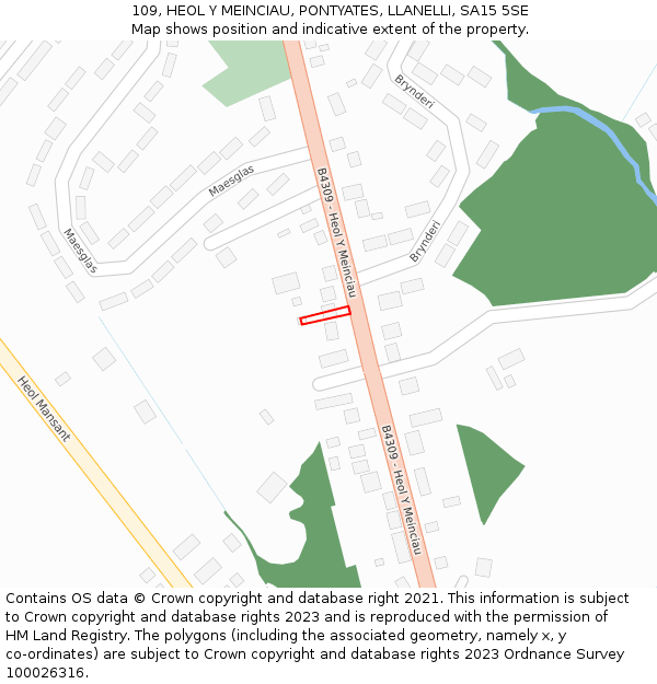 109, HEOL Y MEINCIAU, PONTYATES, LLANELLI, SA15 5SE: Location map and indicative extent of plot