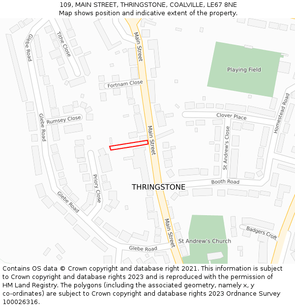 109, MAIN STREET, THRINGSTONE, COALVILLE, LE67 8NE: Location map and indicative extent of plot