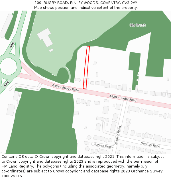 109, RUGBY ROAD, BINLEY WOODS, COVENTRY, CV3 2AY: Location map and indicative extent of plot