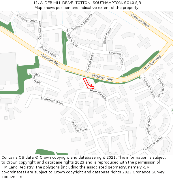 11, ALDER HILL DRIVE, TOTTON, SOUTHAMPTON, SO40 8JB: Location map and indicative extent of plot