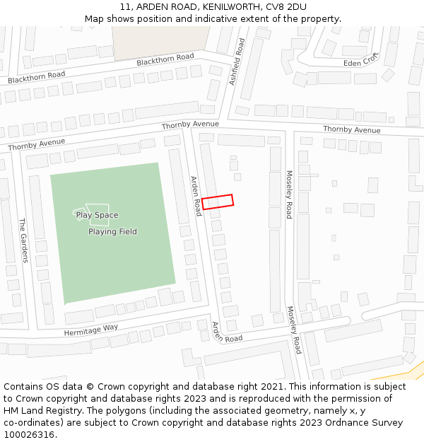 11, ARDEN ROAD, KENILWORTH, CV8 2DU: Location map and indicative extent of plot