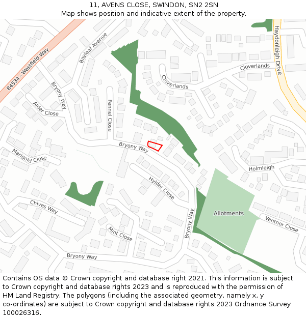 11, AVENS CLOSE, SWINDON, SN2 2SN: Location map and indicative extent of plot