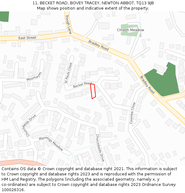 11, BECKET ROAD, BOVEY TRACEY, NEWTON ABBOT, TQ13 9JB: Location map and indicative extent of plot