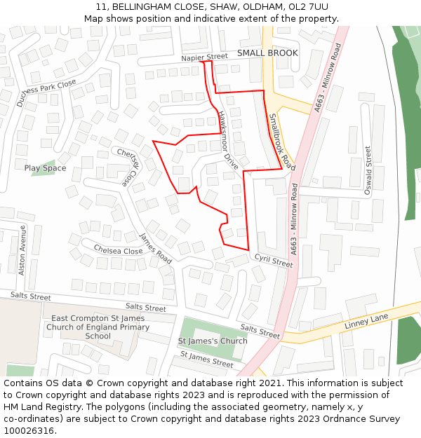 11, BELLINGHAM CLOSE, SHAW, OLDHAM, OL2 7UU: Location map and indicative extent of plot