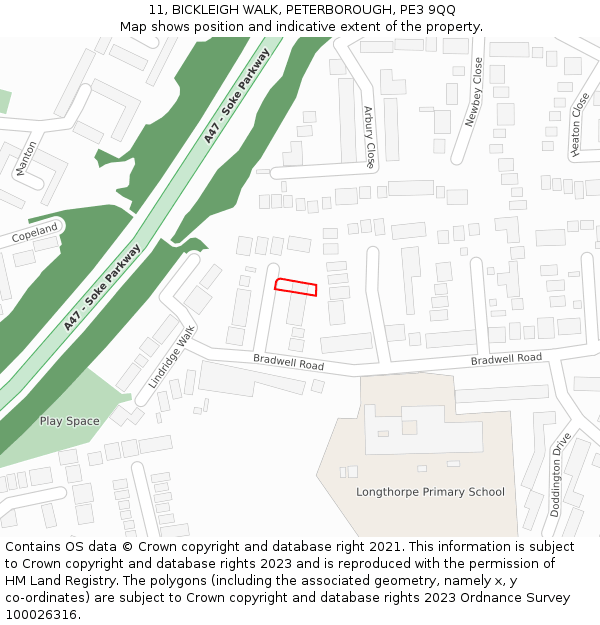 11, BICKLEIGH WALK, PETERBOROUGH, PE3 9QQ: Location map and indicative extent of plot