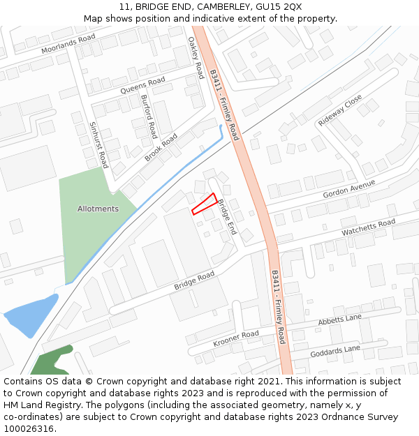 11, BRIDGE END, CAMBERLEY, GU15 2QX: Location map and indicative extent of plot