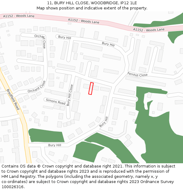 11, BURY HILL CLOSE, WOODBRIDGE, IP12 1LE: Location map and indicative extent of plot