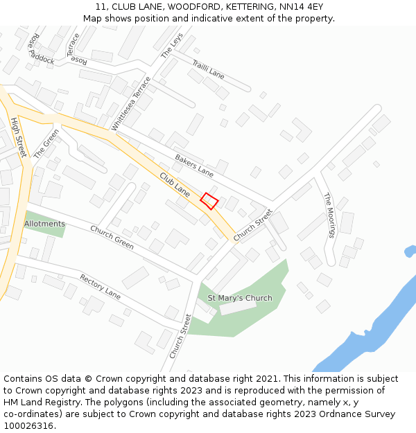 11, CLUB LANE, WOODFORD, KETTERING, NN14 4EY: Location map and indicative extent of plot