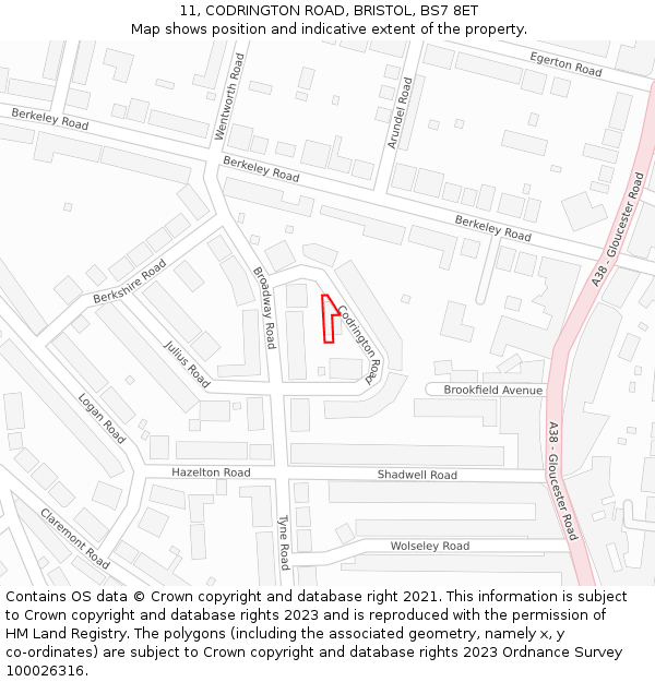 11, CODRINGTON ROAD, BRISTOL, BS7 8ET: Location map and indicative extent of plot