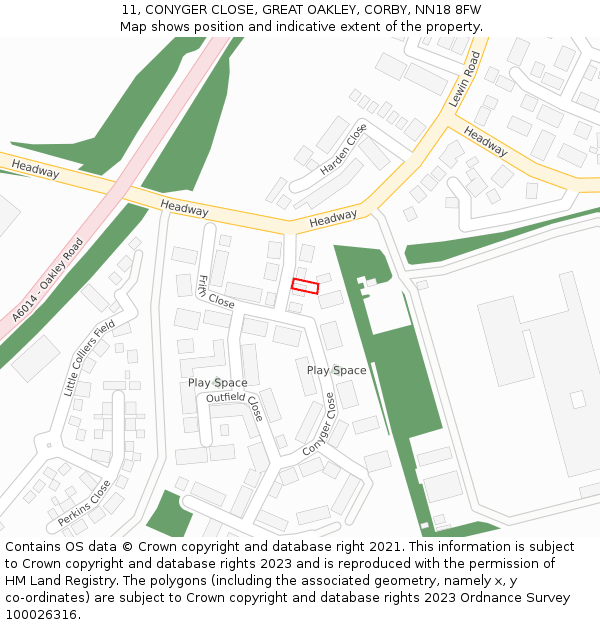 11, CONYGER CLOSE, GREAT OAKLEY, CORBY, NN18 8FW: Location map and indicative extent of plot