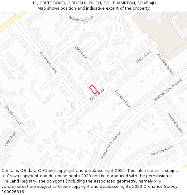 11, CRETE ROAD, DIBDEN PURLIEU, SOUTHAMPTON, SO45 4JU: Location map and indicative extent of plot