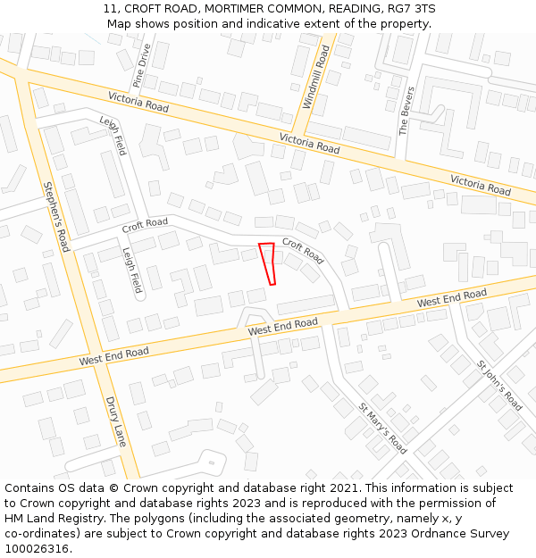 11, CROFT ROAD, MORTIMER COMMON, READING, RG7 3TS: Location map and indicative extent of plot