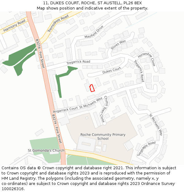 11, DUKES COURT, ROCHE, ST AUSTELL, PL26 8EX: Location map and indicative extent of plot