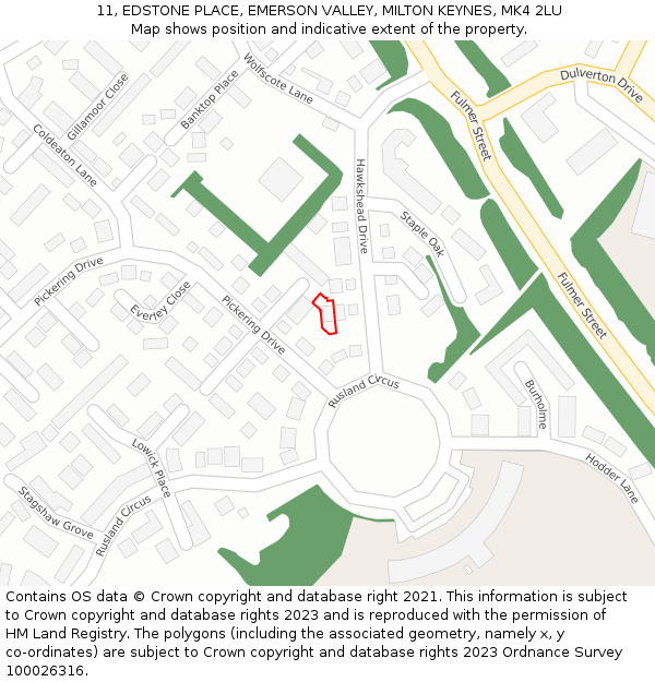 11, EDSTONE PLACE, EMERSON VALLEY, MILTON KEYNES, MK4 2LU: Location map and indicative extent of plot