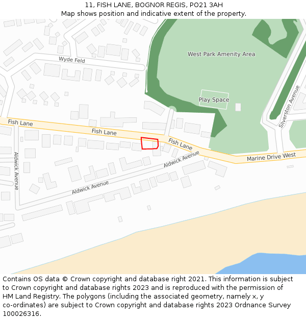 11, FISH LANE, BOGNOR REGIS, PO21 3AH: Location map and indicative extent of plot