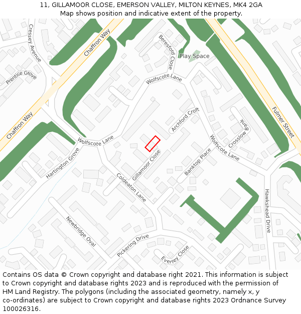 11, GILLAMOOR CLOSE, EMERSON VALLEY, MILTON KEYNES, MK4 2GA: Location map and indicative extent of plot