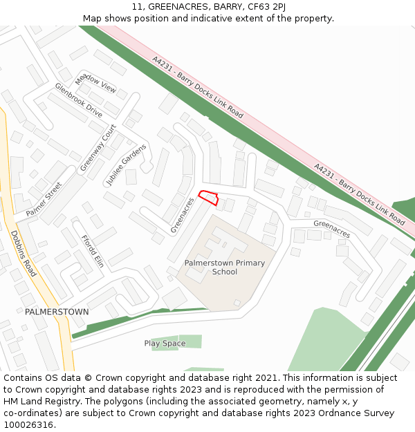 11, GREENACRES, BARRY, CF63 2PJ: Location map and indicative extent of plot