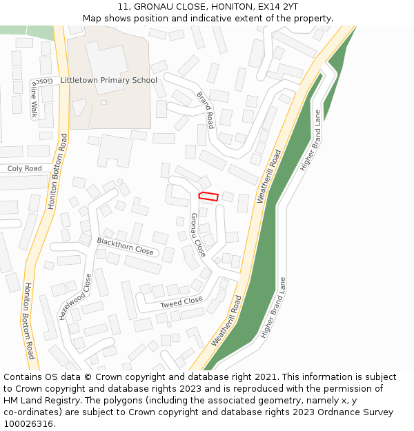 11, GRONAU CLOSE, HONITON, EX14 2YT: Location map and indicative extent of plot