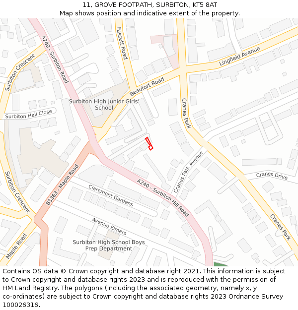 11, GROVE FOOTPATH, SURBITON, KT5 8AT: Location map and indicative extent of plot