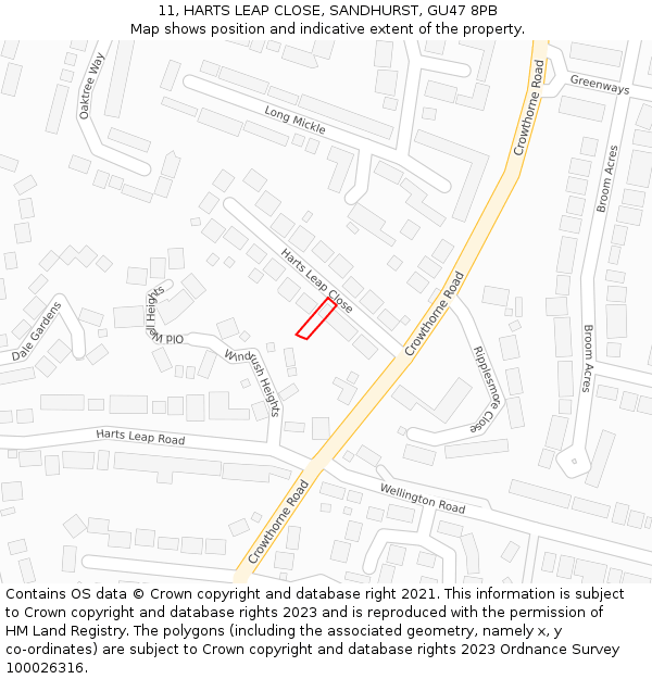 11, HARTS LEAP CLOSE, SANDHURST, GU47 8PB: Location map and indicative extent of plot