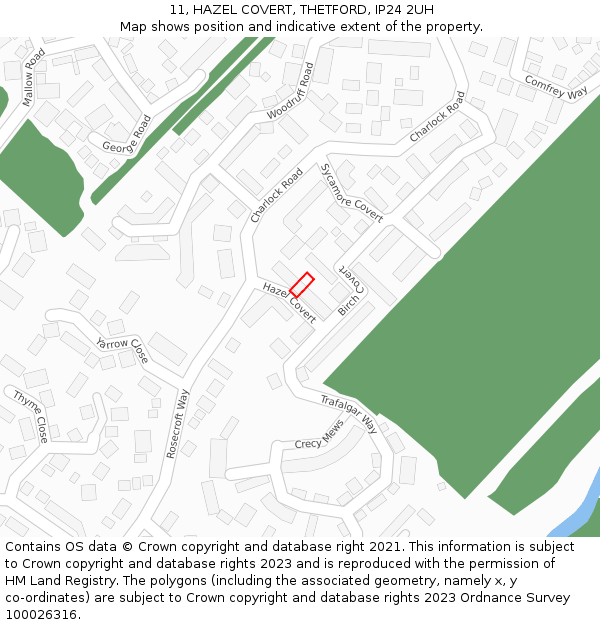 11, HAZEL COVERT, THETFORD, IP24 2UH: Location map and indicative extent of plot