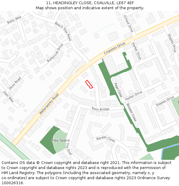 11, HEADINGLEY CLOSE, COALVILLE, LE67 4EF: Location map and indicative extent of plot