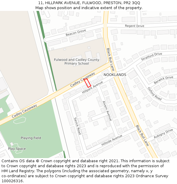 11, HILLPARK AVENUE, FULWOOD, PRESTON, PR2 3QQ: Location map and indicative extent of plot