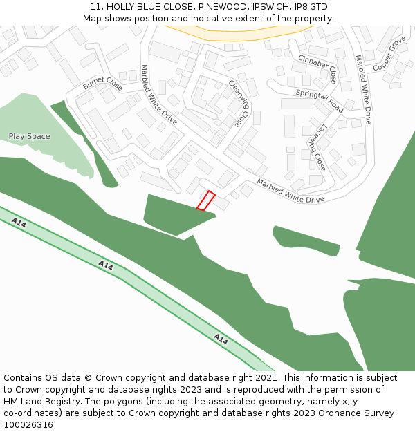 11, HOLLY BLUE CLOSE, PINEWOOD, IPSWICH, IP8 3TD: Location map and indicative extent of plot