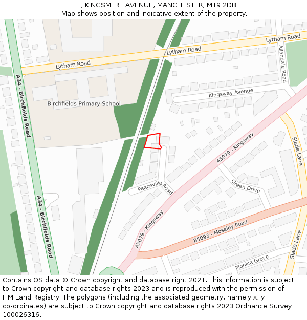 11, KINGSMERE AVENUE, MANCHESTER, M19 2DB: Location map and indicative extent of plot