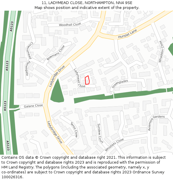11, LADYMEAD CLOSE, NORTHAMPTON, NN4 9SE: Location map and indicative extent of plot