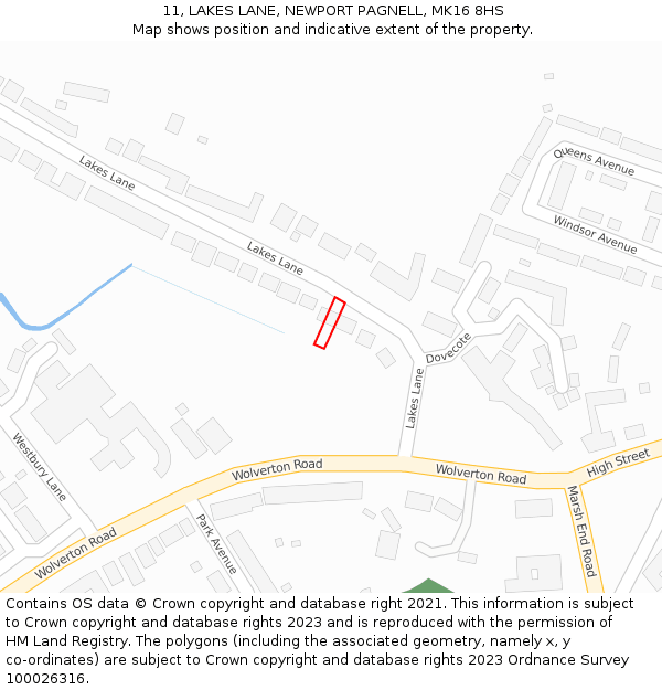 11, LAKES LANE, NEWPORT PAGNELL, MK16 8HS: Location map and indicative extent of plot