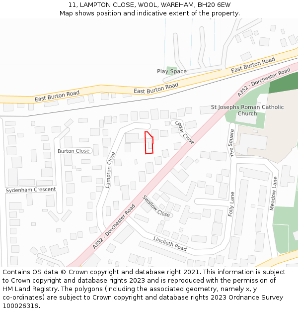 11, LAMPTON CLOSE, WOOL, WAREHAM, BH20 6EW: Location map and indicative extent of plot