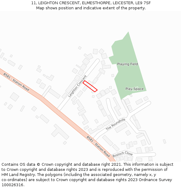 11, LEIGHTON CRESCENT, ELMESTHORPE, LEICESTER, LE9 7SF: Location map and indicative extent of plot