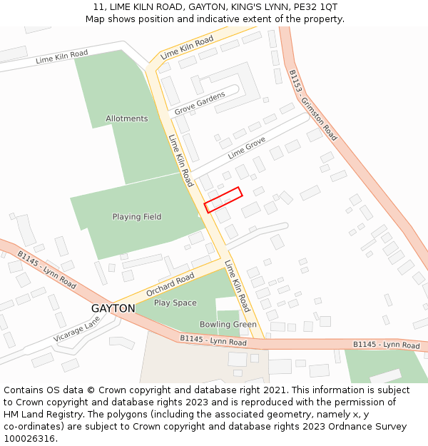 11, LIME KILN ROAD, GAYTON, KING'S LYNN, PE32 1QT: Location map and indicative extent of plot