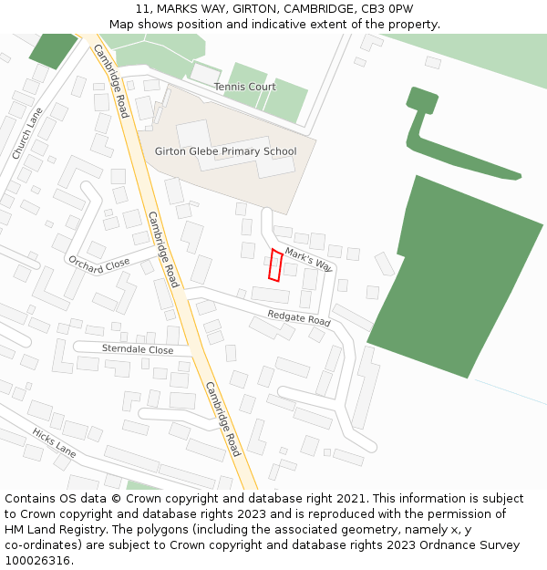 11, MARKS WAY, GIRTON, CAMBRIDGE, CB3 0PW: Location map and indicative extent of plot