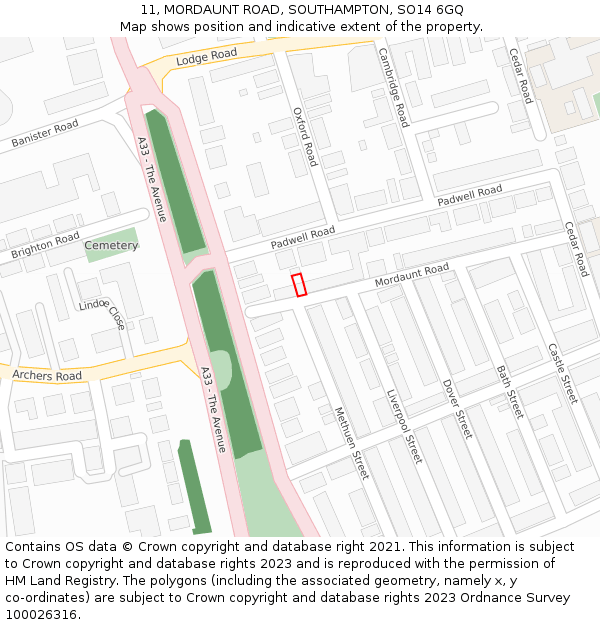 11, MORDAUNT ROAD, SOUTHAMPTON, SO14 6GQ: Location map and indicative extent of plot