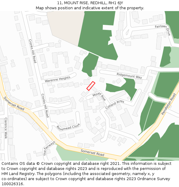 11, MOUNT RISE, REDHILL, RH1 6JY: Location map and indicative extent of plot