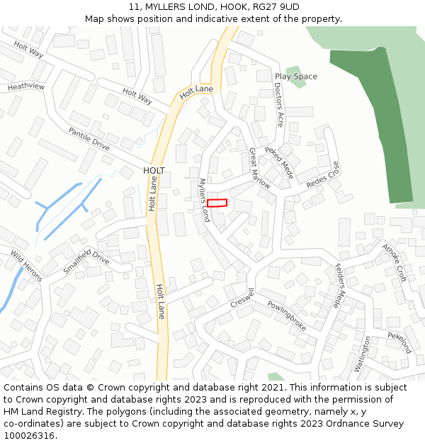 11, MYLLERS LOND, HOOK, RG27 9UD: Location map and indicative extent of plot