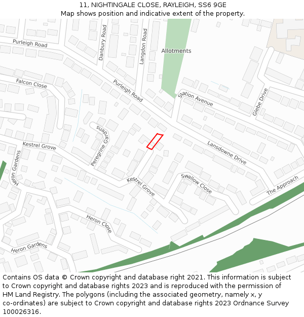 11, NIGHTINGALE CLOSE, RAYLEIGH, SS6 9GE: Location map and indicative extent of plot