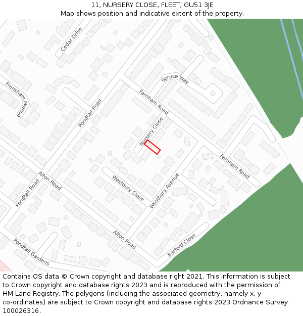 11, NURSERY CLOSE, FLEET, GU51 3JE: Location map and indicative extent of plot