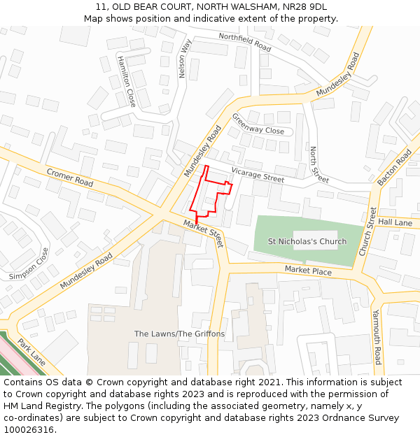 11, OLD BEAR COURT, NORTH WALSHAM, NR28 9DL: Location map and indicative extent of plot