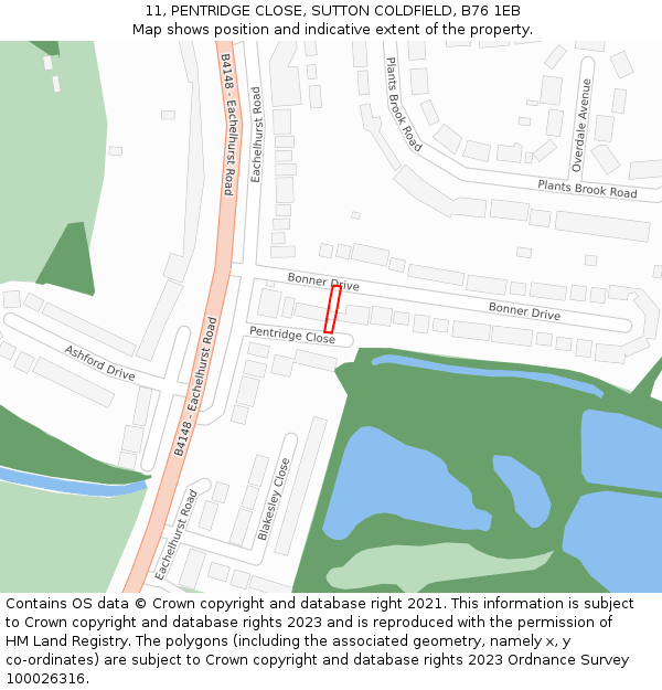 11, PENTRIDGE CLOSE, SUTTON COLDFIELD, B76 1EB: Location map and indicative extent of plot